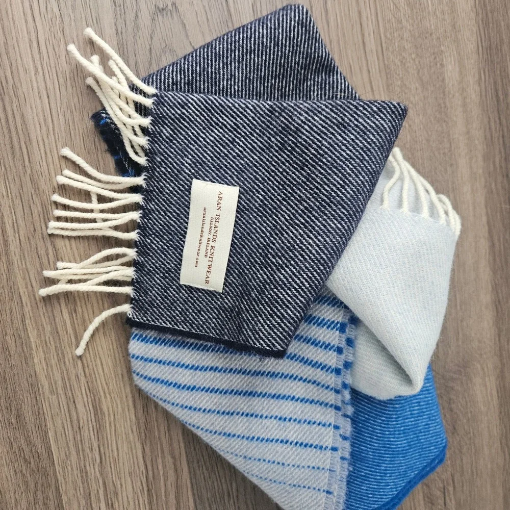 Aran Islands Knitwear Scarf‎ Blue Grey Striped Wool Blend Made in Ireland Fringe